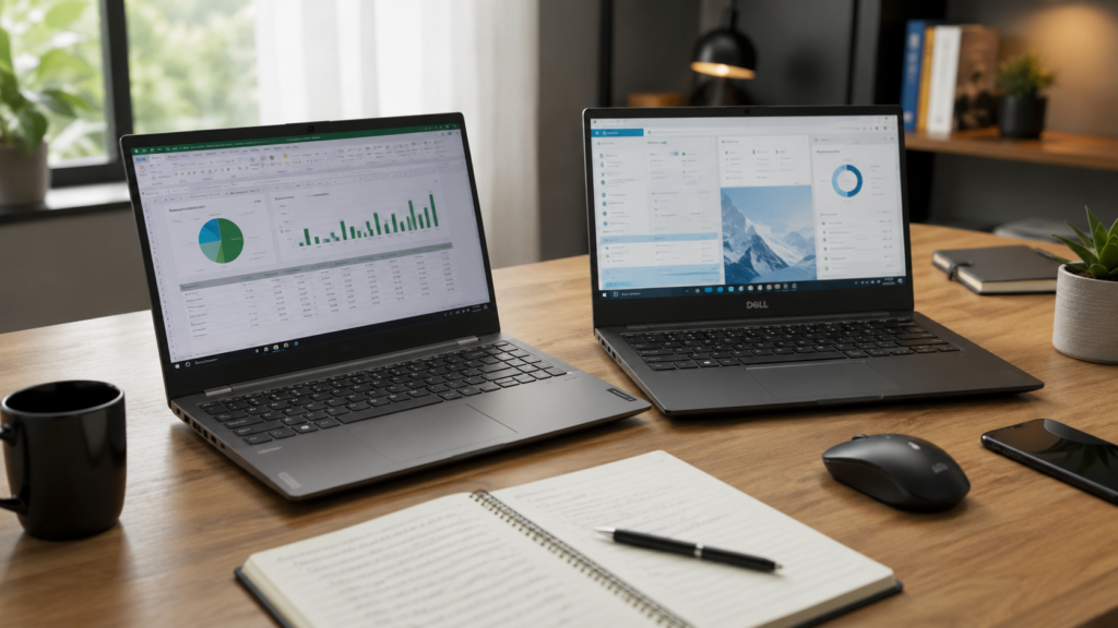 Melhores notebooks custo-benefício em ambiente de trabalho mostrando Lenovo IdeaPad Slim 3 Ryzen 7 e Dell Inspiron 15 sobre mesa de escritório
