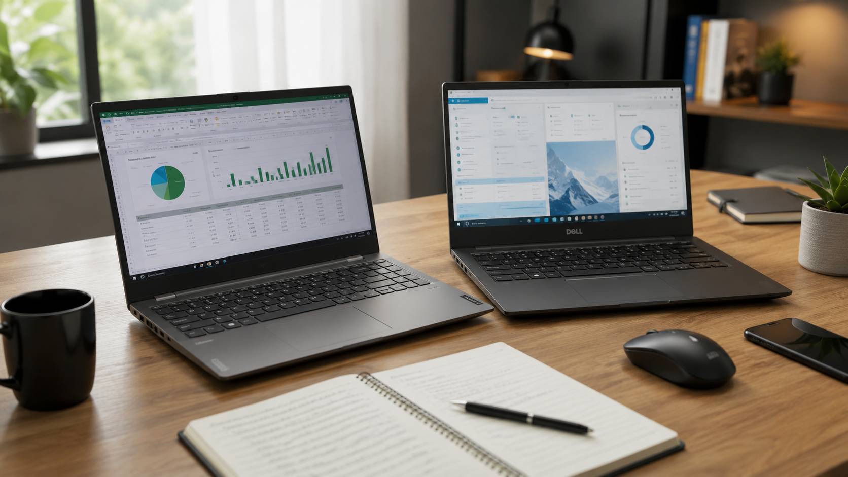 Melhores notebooks custo-benefício em ambiente de trabalho mostrando Lenovo IdeaPad Slim 3 Ryzen 7 e Dell Inspiron 15 sobre mesa de escritório