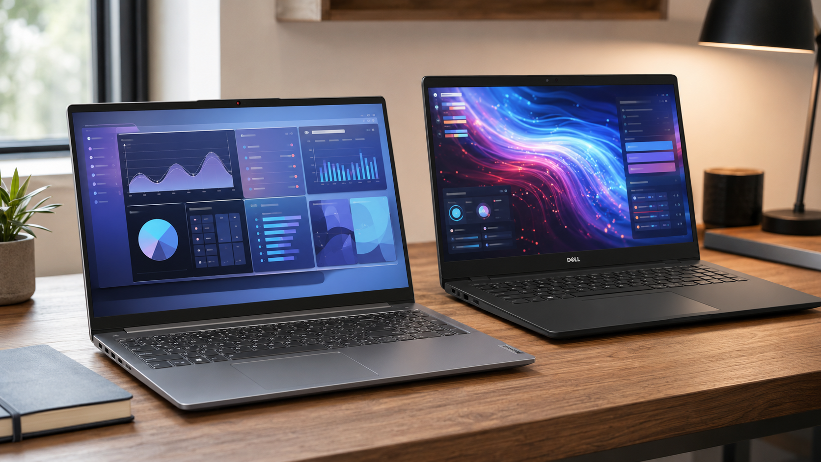 Lenovo IdeaPad Slim 3i e Dell Inspiron 15 3530 sobre mesa de trabalho, os dois melhores modelos do ranking de notebook intermediário.