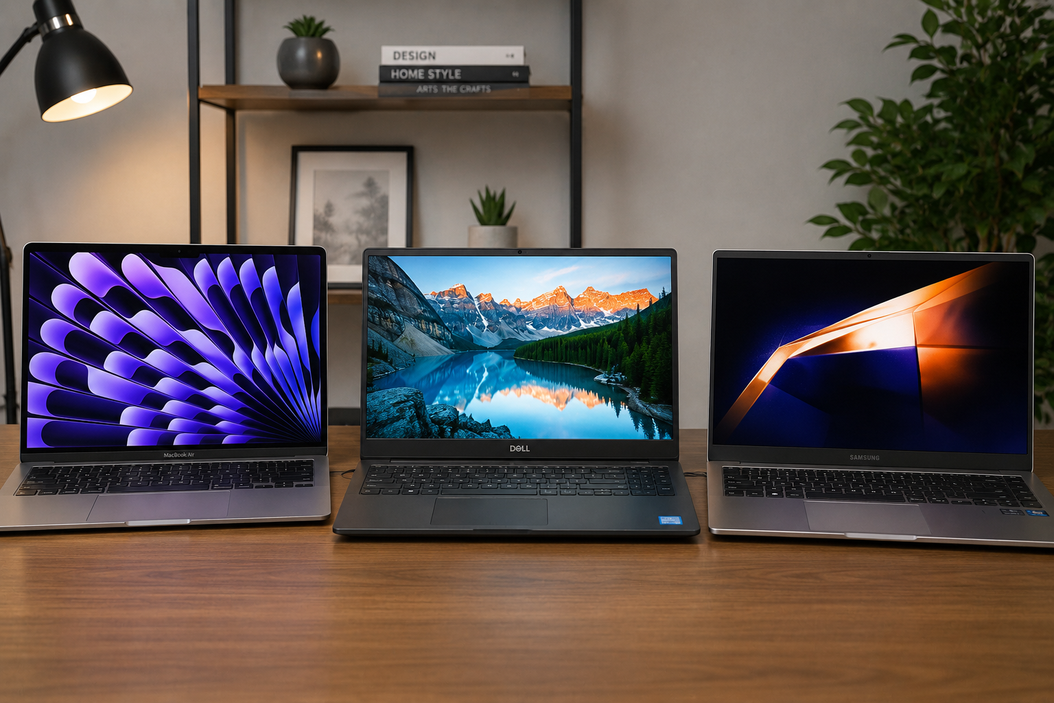 Melhor notebook home office: Apple MacBook Air M4, Dell Inspiron I15-I1300-A30P e Samsung Galaxy Book4 em mesa de trabalho para produtividade e trabalho remoto.