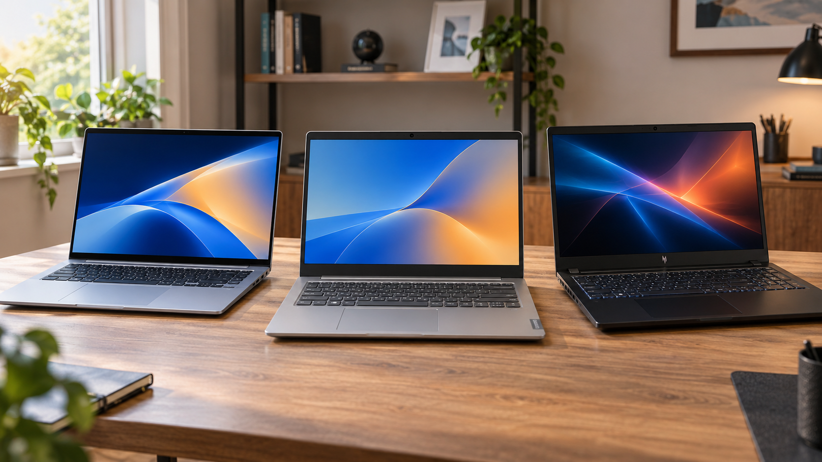 Melhor notebook: Lenovo IdeaPad Slim 3, Samsung Galaxy Book4 e Acer Nitro V15 abertos sobre uma mesa de escritório.