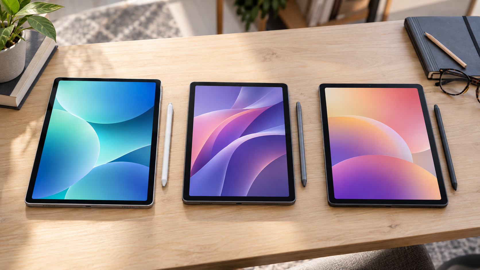 Três opções de tablet para estudar: Galaxy Tab S10 FE, Lenovo Idea Tab e Galaxy Tab S10 Lite sobre uma mesa de estudos