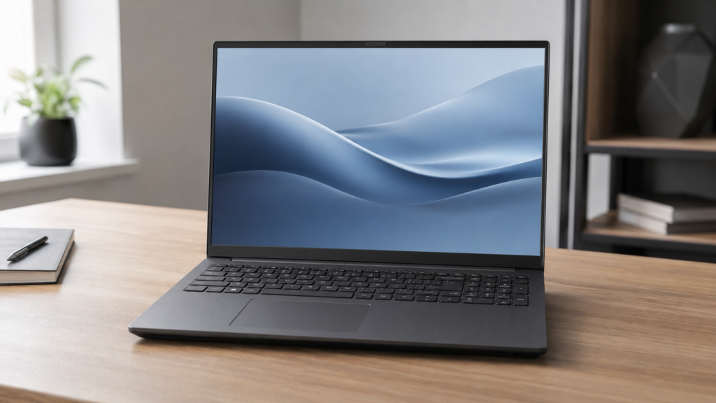 Notebook VAIO FE16 Ryzen é bom em cinza-grafite, aberto sobre mesa de trabalho com tela IPS WUXGA de 16 polegadas