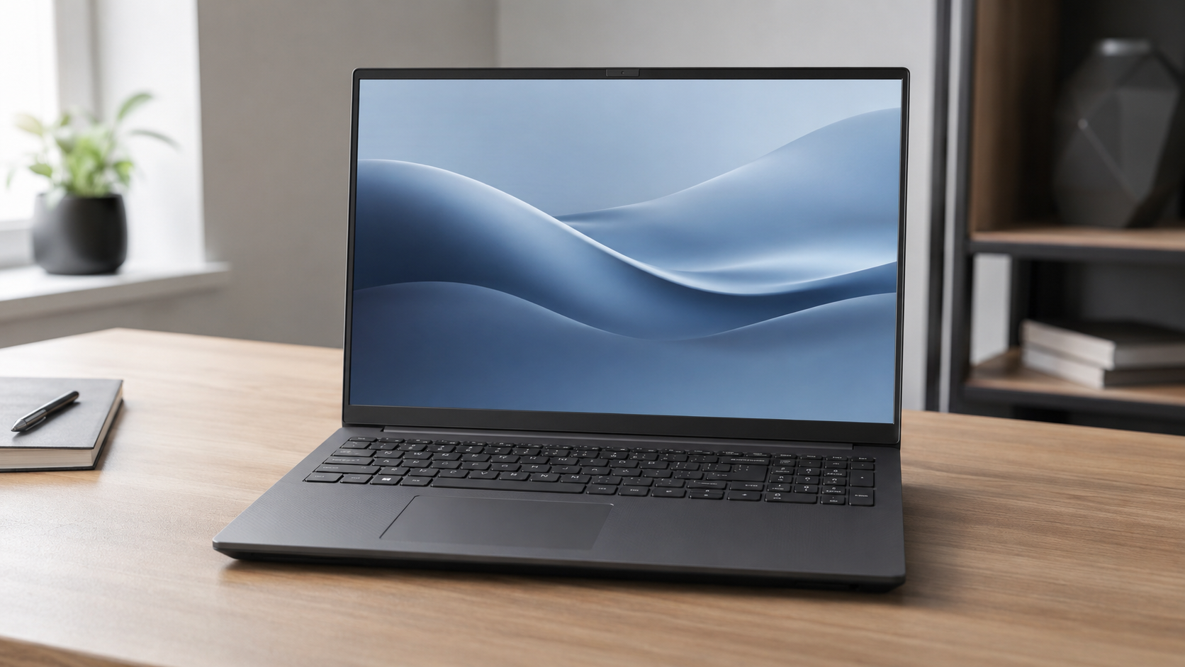 Notebook VAIO FE16 Ryzen é bom em cinza-grafite, aberto sobre mesa de trabalho com tela IPS WUXGA de 16 polegadas