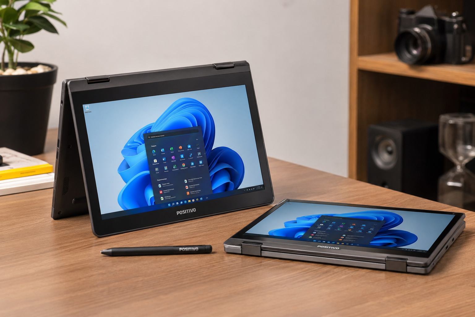 Positivo Duo C4128E 2 em 1 em diferentes modos de uso sobre uma mesa, com tela touch e caneta capacitiva