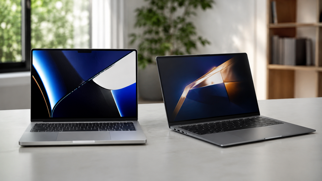 Melhor marca notebook com MacBook Pro 14” M4 e Samsung Galaxy Book4 Pro em mesa de escritório moderna.