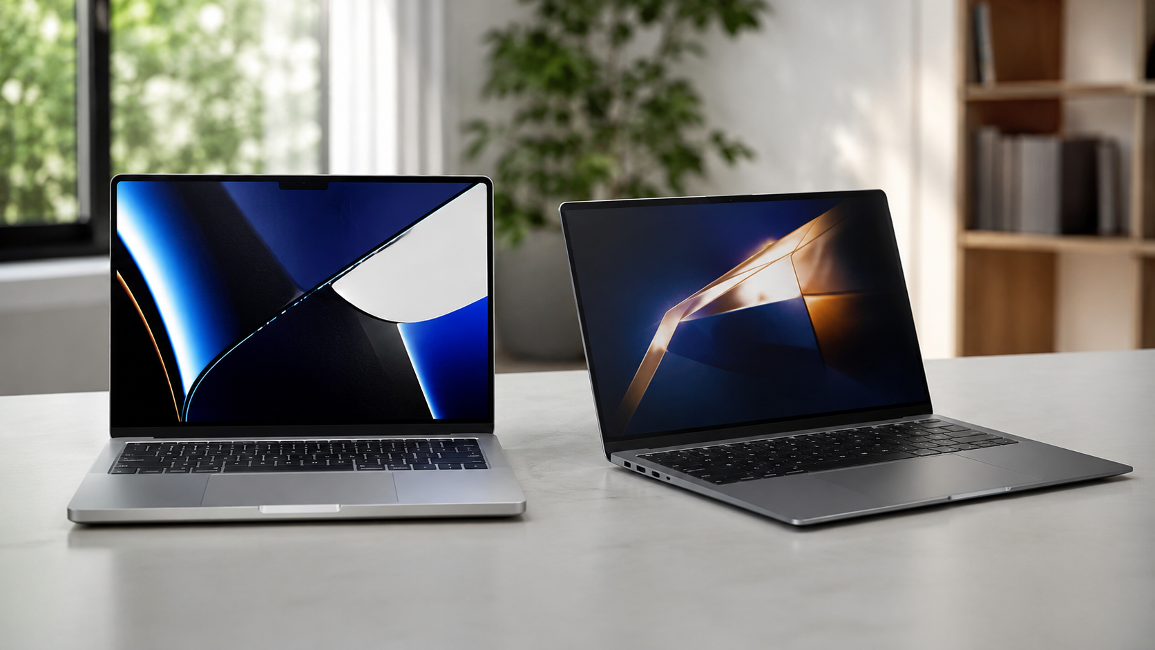 Melhor marca notebook com MacBook Pro 14” M4 e Samsung Galaxy Book4 Pro em mesa de escritório moderna.