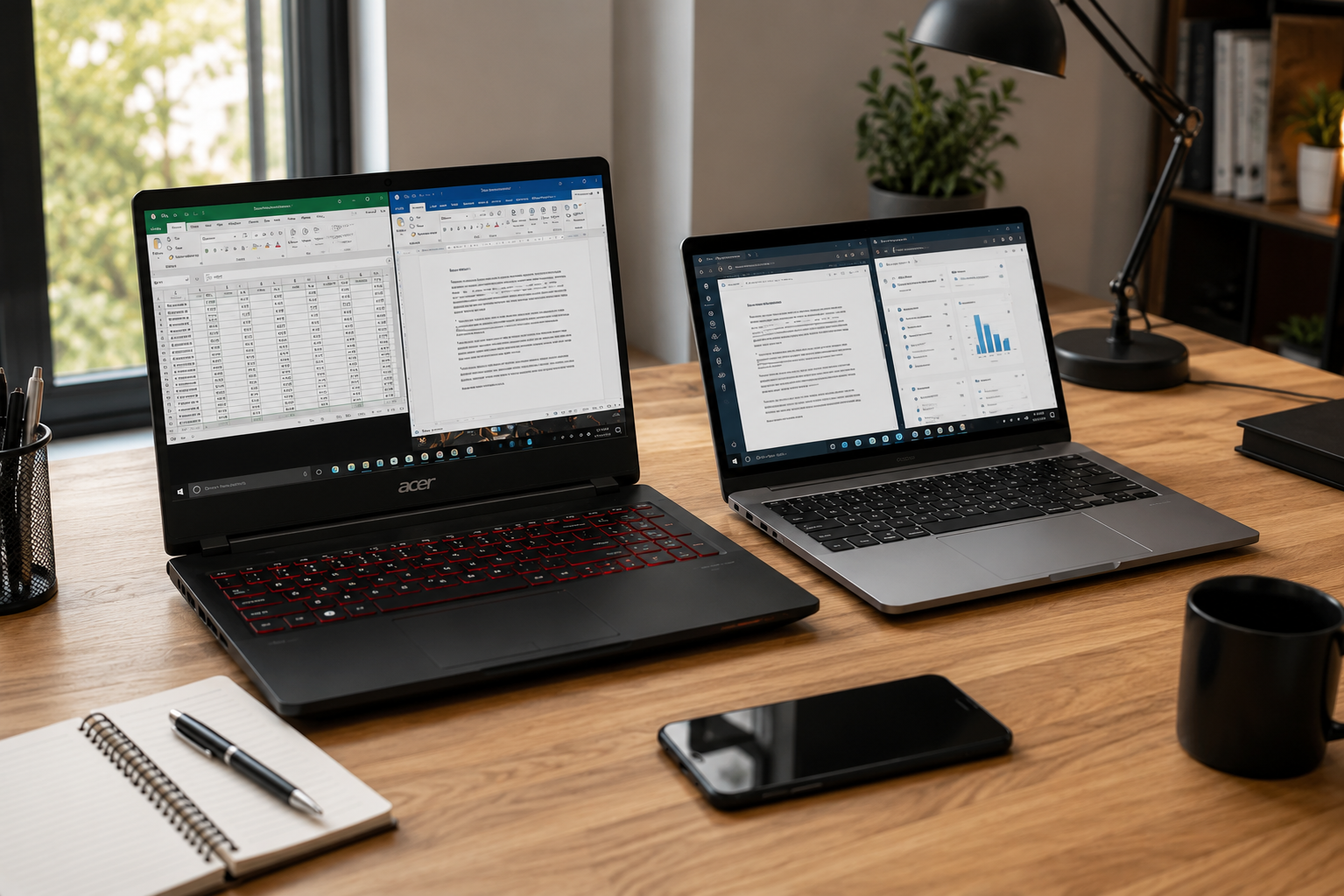 Melhor notebook estudo trabalho com Acer Nitro V15 e Samsung Galaxy Book4 em mesa de home office para produtividade, estudos e multitarefa