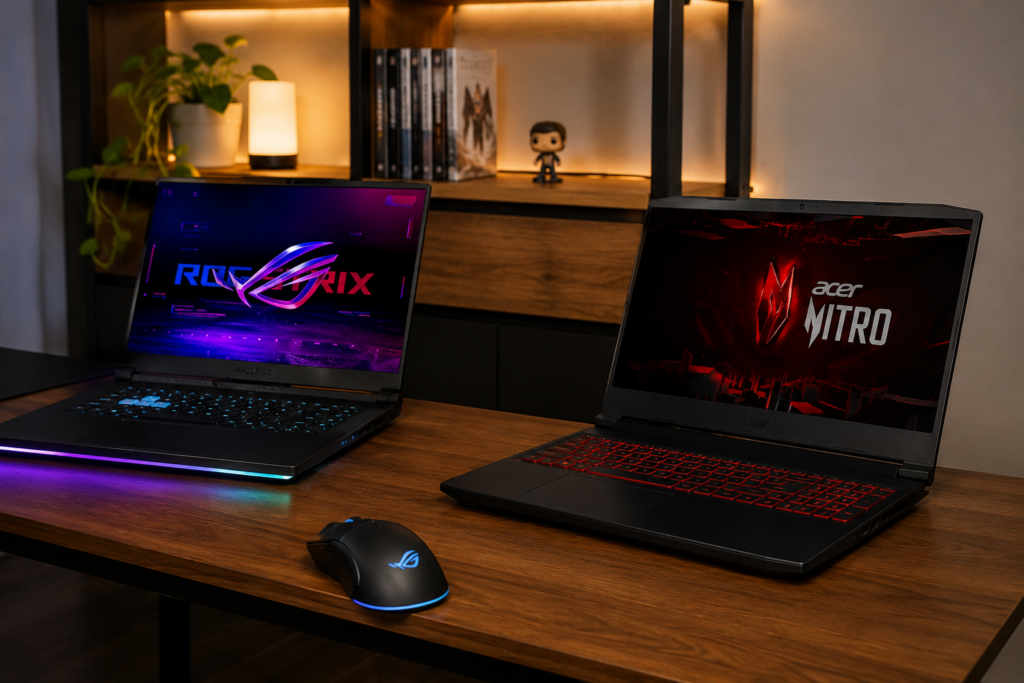 Melhor notebook gamer 2026 com ASUS ROG Strix G16 e Acer Nitro V15 em setup gamer moderno com iluminação RGB, teclado retroiluminado e ambiente voltado para jogos e alto desempenho.