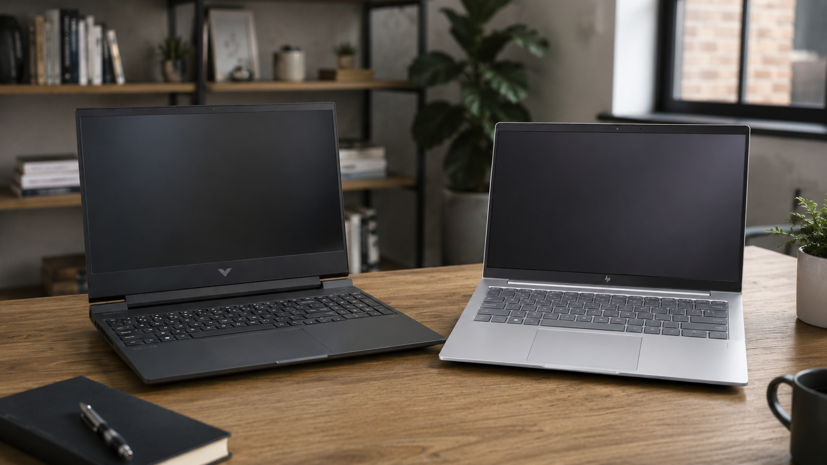 Melhor notebook da HP com dois modelos abertos sobre mesa de madeira em home office moderno, com iluminação natural e cenário profissional para produtividade e trabalho.