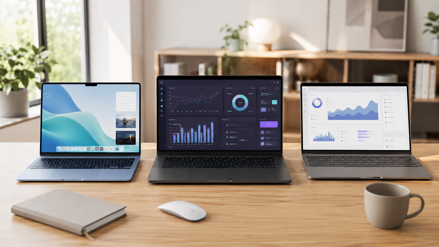 Notebooks pequenos abertos sobre mesa de trabalho moderna, com modelos compactos para estudo, trabalho e produtividade em ambiente home office iluminado.