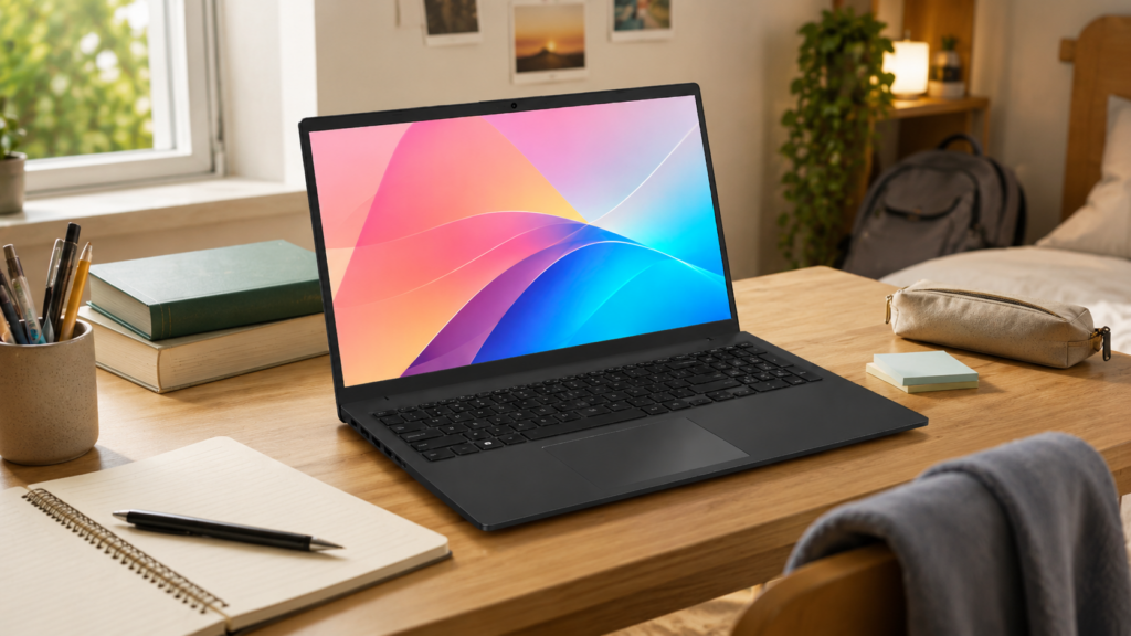 ASUS Vivobook Go 15 em mesa de estudos em casa, com caderno, livros e mochila ao fundo, ideal para quem pesquisa se notebook ASUS é bom para estudar