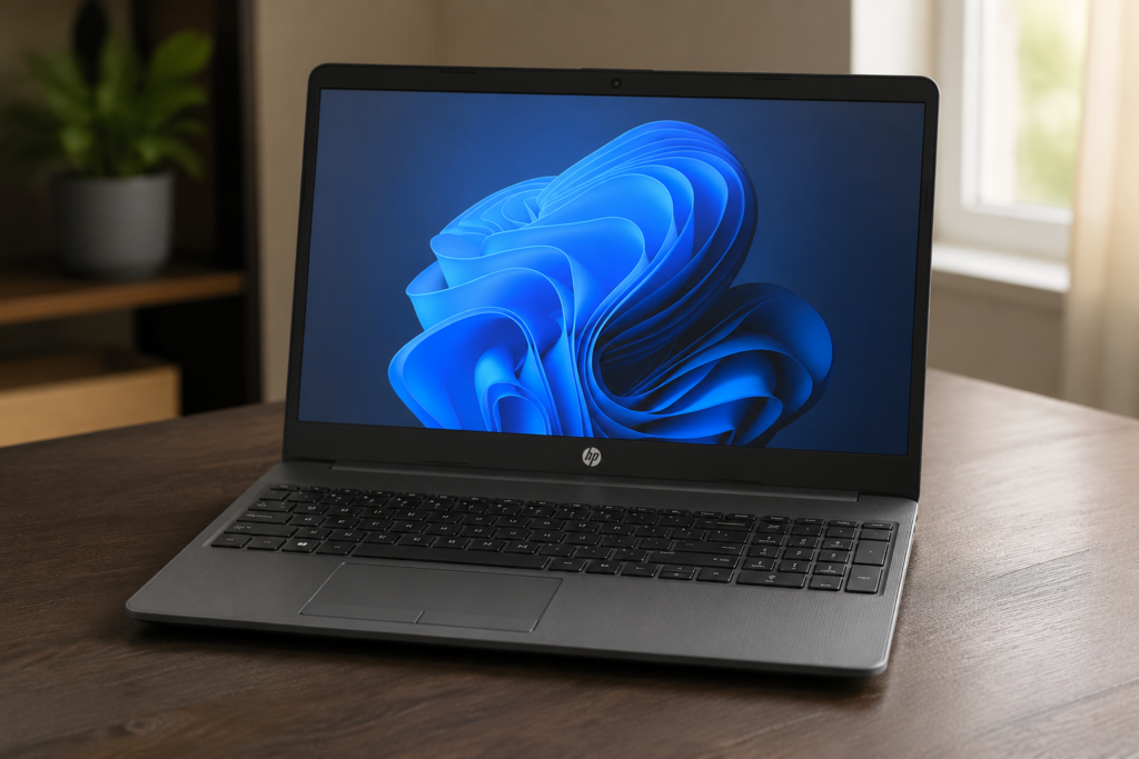 Notebook HP 256R G9 Intel Core i3 13ª Geração 8GB 256GB SSD é bom aberto sobre mesa de madeira em ambiente de trabalho.