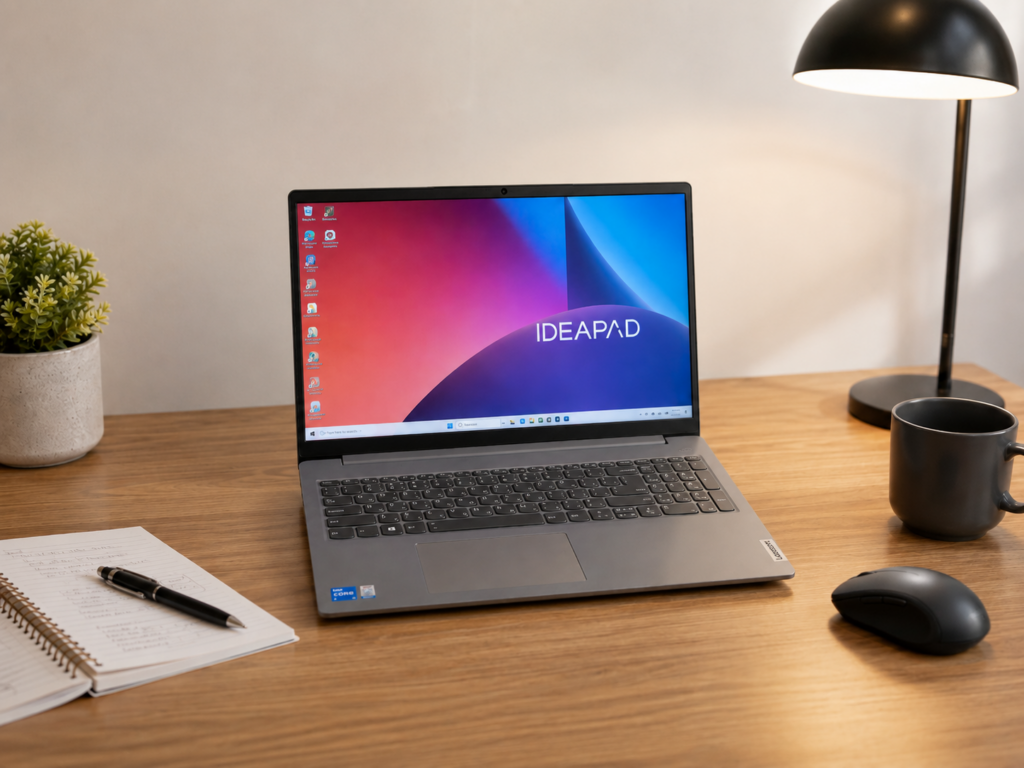 Notebook Lenovo IdeaPad Slim 3 é bom em mesa de trabalho com tela ligada, caderno, mouse e luminária.