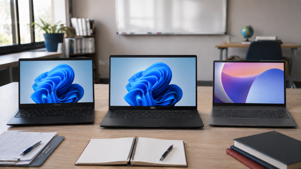 Melhores notebooks para professores: modelos Dell Inspiron, VAIO e Lenovo abertos lado a lado mostrando multitarefa e preparação de aulas sobre mesa de madeira.