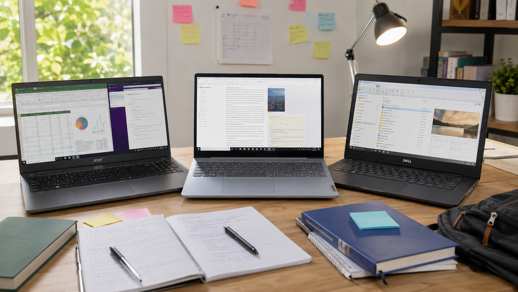 Melhor notebook para estudantes: Lenovo IdeaPad Slim 3, Acer Aspire 5 e Dell Inspiron 15 3530 abertos sobre uma mesa de estudos com cadernos, livros e materiais acadêmicos.
