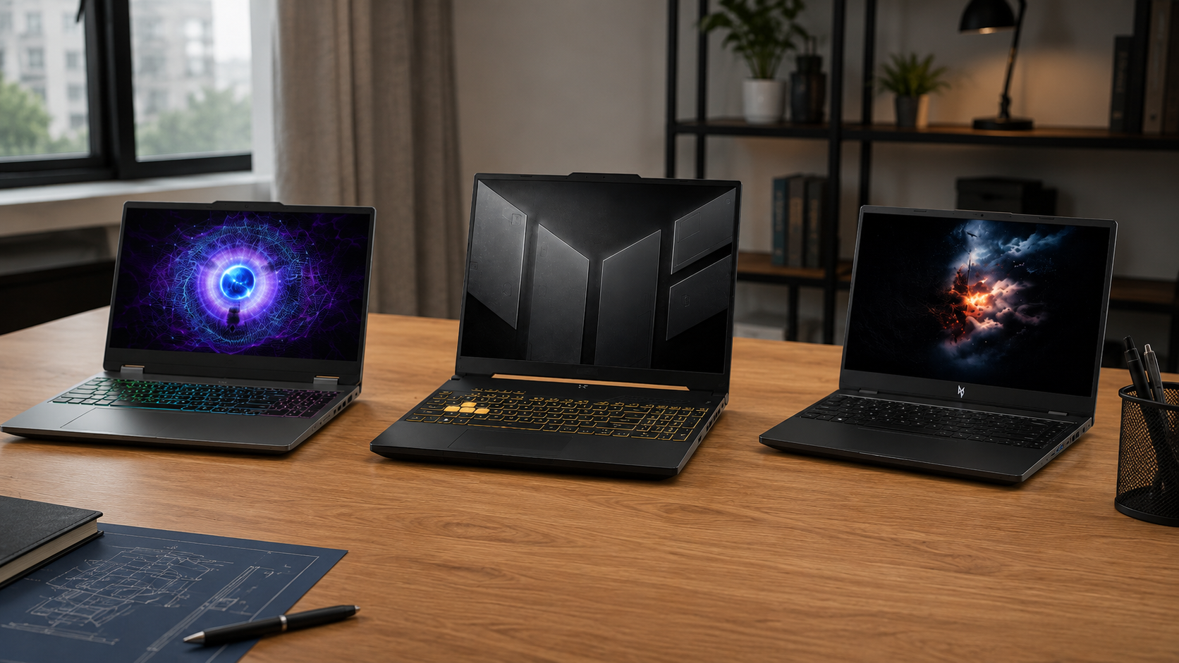 Melhores notebooks para engenheiros com ASUS TUF Gaming F16, Lenovo LOQ 15IRX9 e Acer Nitro V15 em mesa de trabalho com projeto técnico.