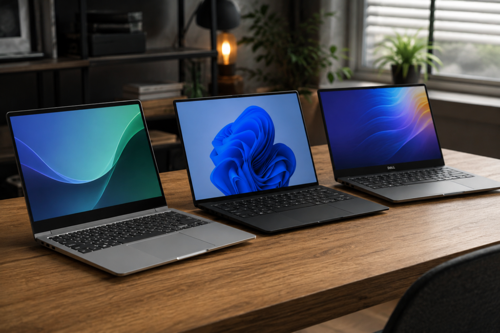 Melhores notebooks para trabalho em 2026 organizados sobre mesa de escritório moderna com modelos premium voltados para produtividade, home office e uso profissional.