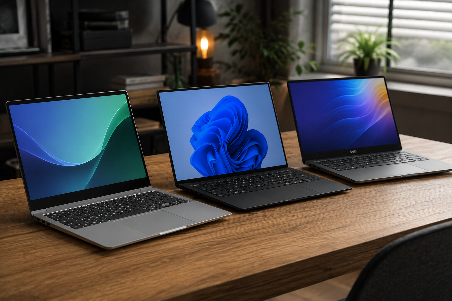 Melhores notebooks para trabalho em 2026 organizados sobre mesa de escritório moderna com modelos premium voltados para produtividade, home office e uso profissional.