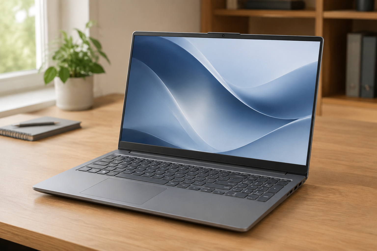 Notebook Lenovo IdeaPad Slim 3i com tela de 15,3 polegadas aberto sobre mesa de trabalho em ambiente de home office.