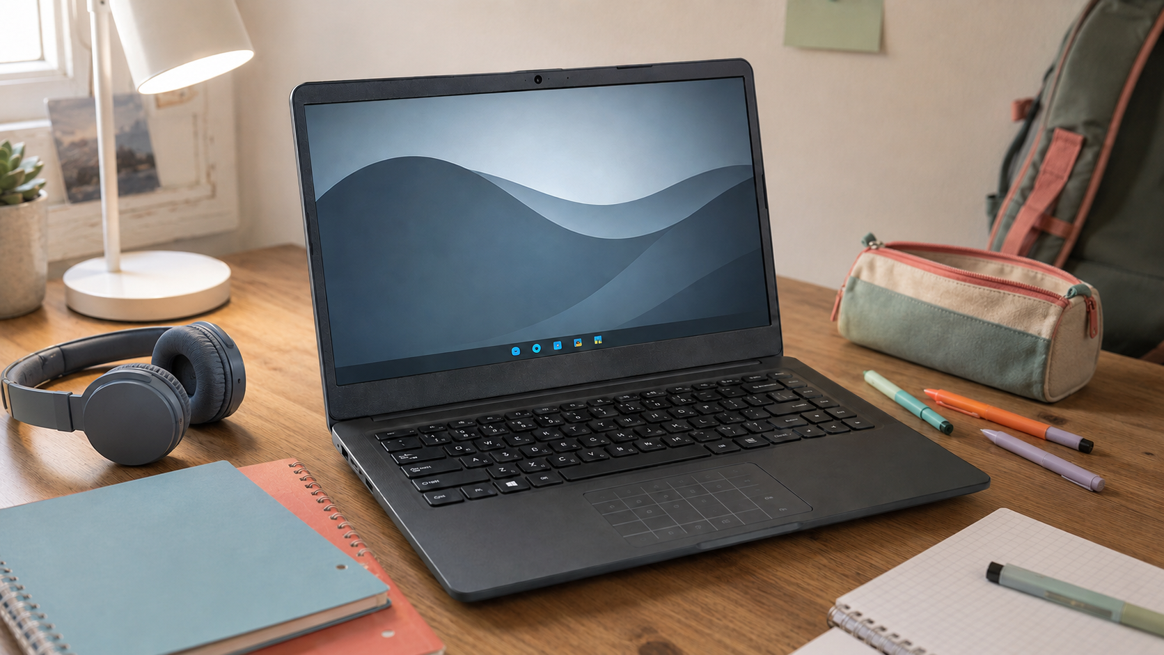Notebook Positivo Motion é bom: C4500Di cinza-escuro aberto sobre uma mesa, com tela HD de 14,1", teclado e touchpad Dualpad visíveis