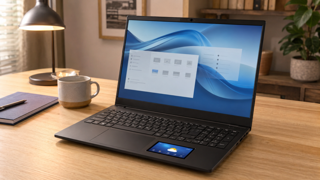 Notebook Positivo Vision Intel é bom: Vision i15M preto aberto sobre mesa, com tela Full HD IPS de 15,6" e Minitela no teclado