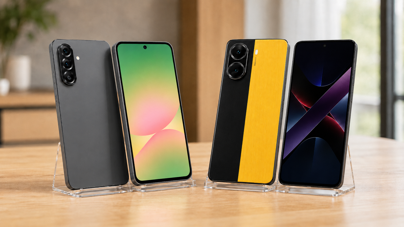 celular intermediário com Samsung Galaxy A56 5G e Poco X7 Pro expostos em suportes transparentes
