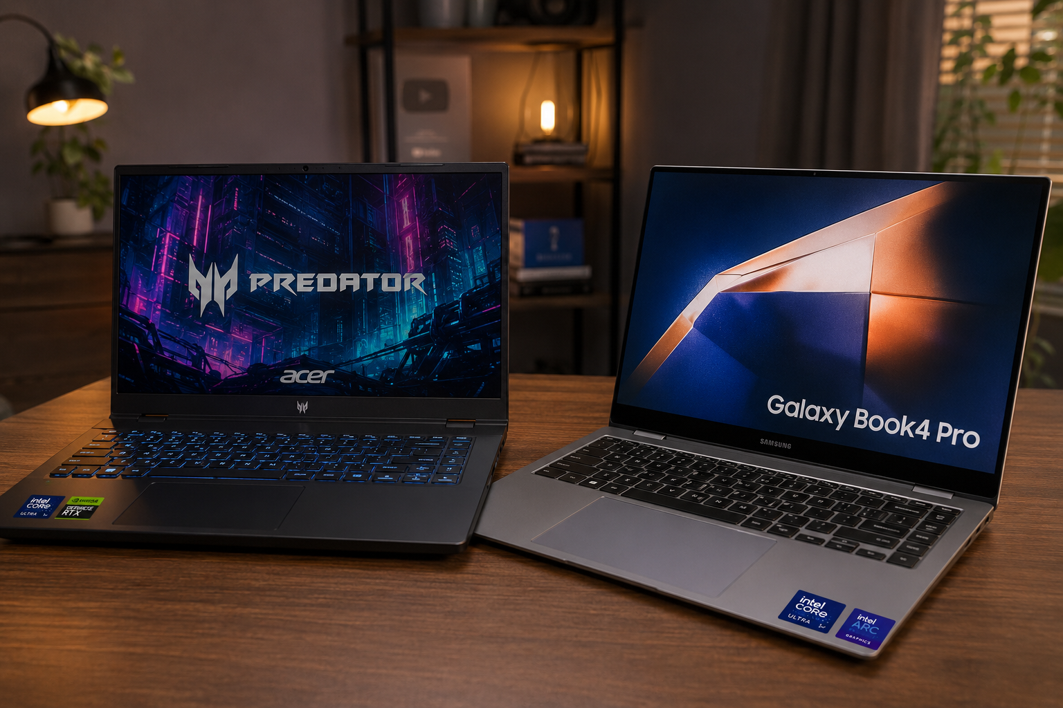 Melhor notebook com tela OLED: Samsung Galaxy Book4 Pro e Acer Predator Helios Neo 16S AI em ambiente de trabalho moderno destacando telas OLED premium para produtividade e jogos