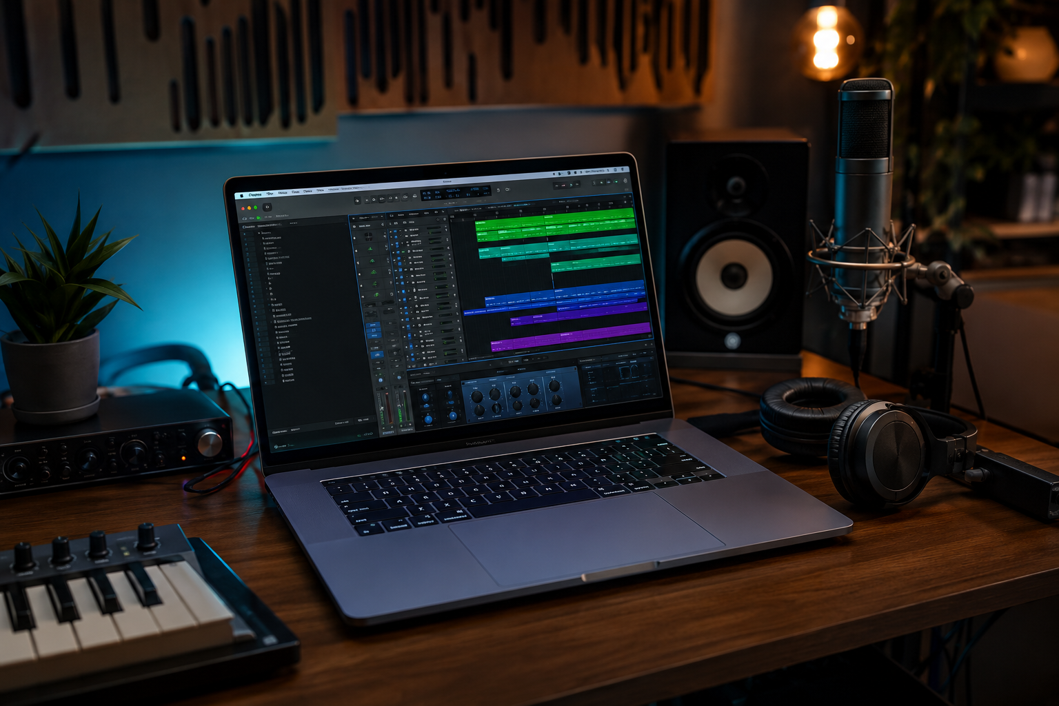notebook para produção musical em home studio com software de gravação, interface de áudio e equipamentos de produção musica
