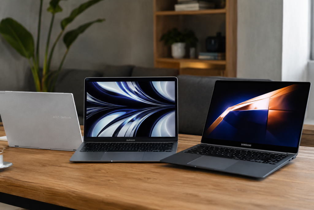Melhor notebook ultraleve com ASUS Zenbook A14, MacBook Air M4 e Samsung Galaxy Book4 Pro em escritório moderno para trabalho e produtividade