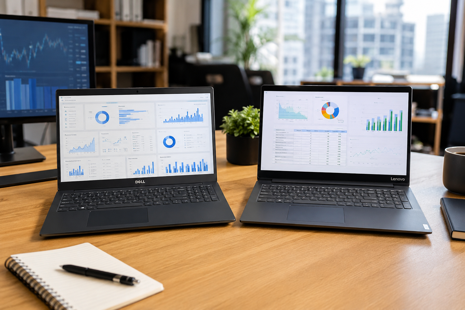 Melhores notebooks custo-benefício para empresas em escritório moderno, com Dell Inspiron e Lenovo IdeaPad Slim 3 lado a lado.