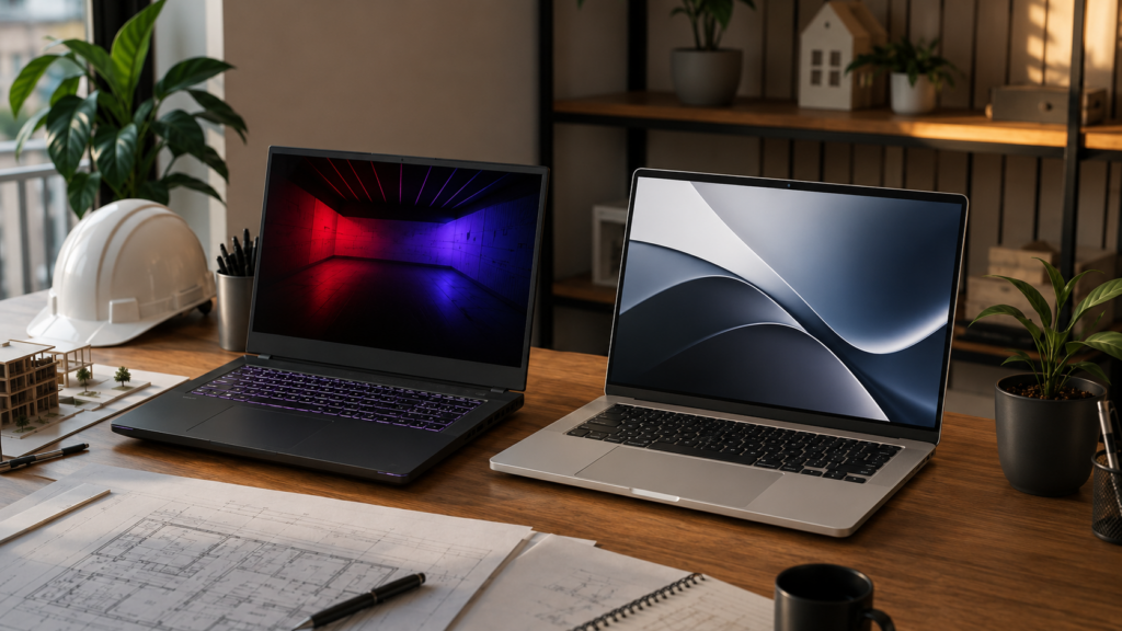 Dois dos melhores notebooks para designers, engenheiros ou arquitetos em mesa de trabalho com plantas, maquete arquitetônica e decoração moderna, mostrando um notebook gamer e um MacBook em cenário profissional.