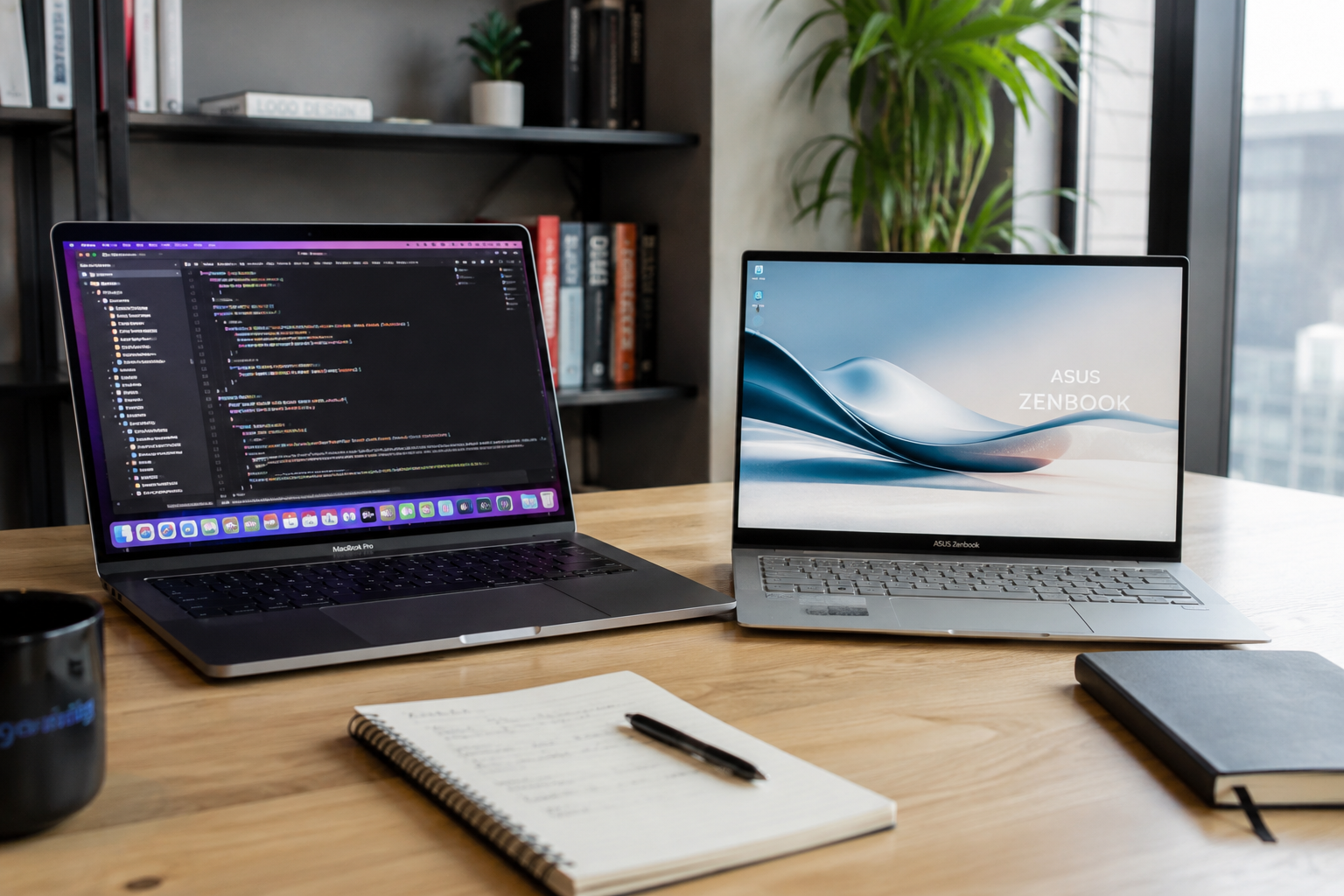 Dois dos melhores notebooks para programar em 2026 sobre uma mesa de trabalho moderna, com telas exibindo ambiente de desenvolvimento e códigos, em um escritório profissional iluminado, representando produtividade, programação e desenvolvimento de software.