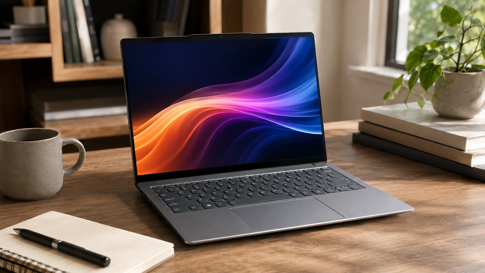 Lenovo Yoga Slim 7i aberto sobre mesa de trabalho moderna, ideal para quem pesquisa se notebook Lenovo é bom para produtividade, estudos e mobilidade