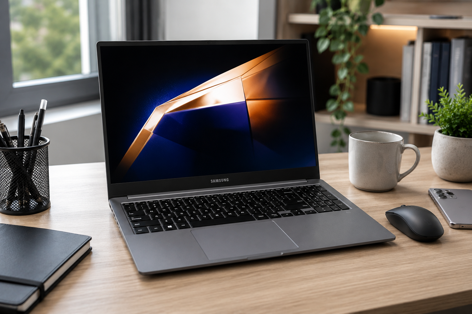 Notebook Samsung Galaxy Book4 i5 aberto sobre mesa de home office moderna, com tela exibindo interface gráfica abstrata, ideal para trabalho, estudos e produtividade no dia a dia.