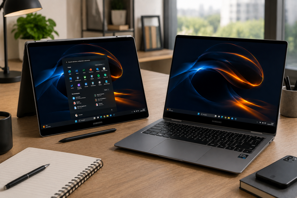 Notebook Samsung Galaxy Book5 360 em uso mostrando tela AMOLED touchscreen e design 2 em 1