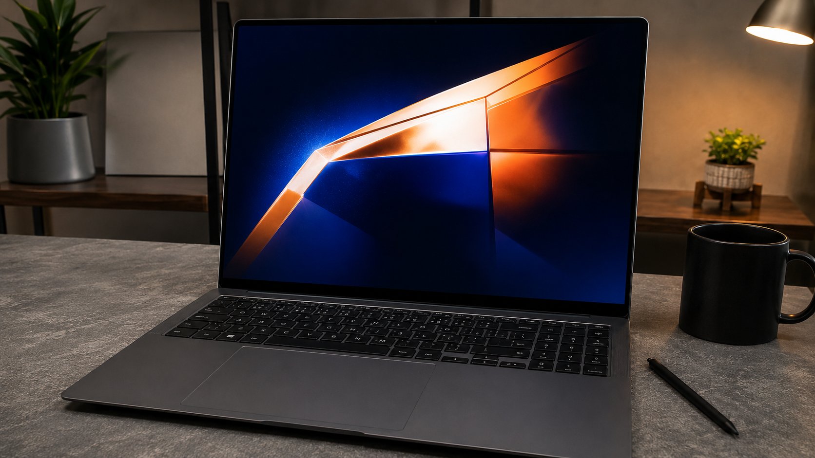 Notebook Samsung Galaxy é bom: Galaxy Book4 Ultra aberto sobre mesa moderna com tela AMOLED touch de 16 polegadas em destaque