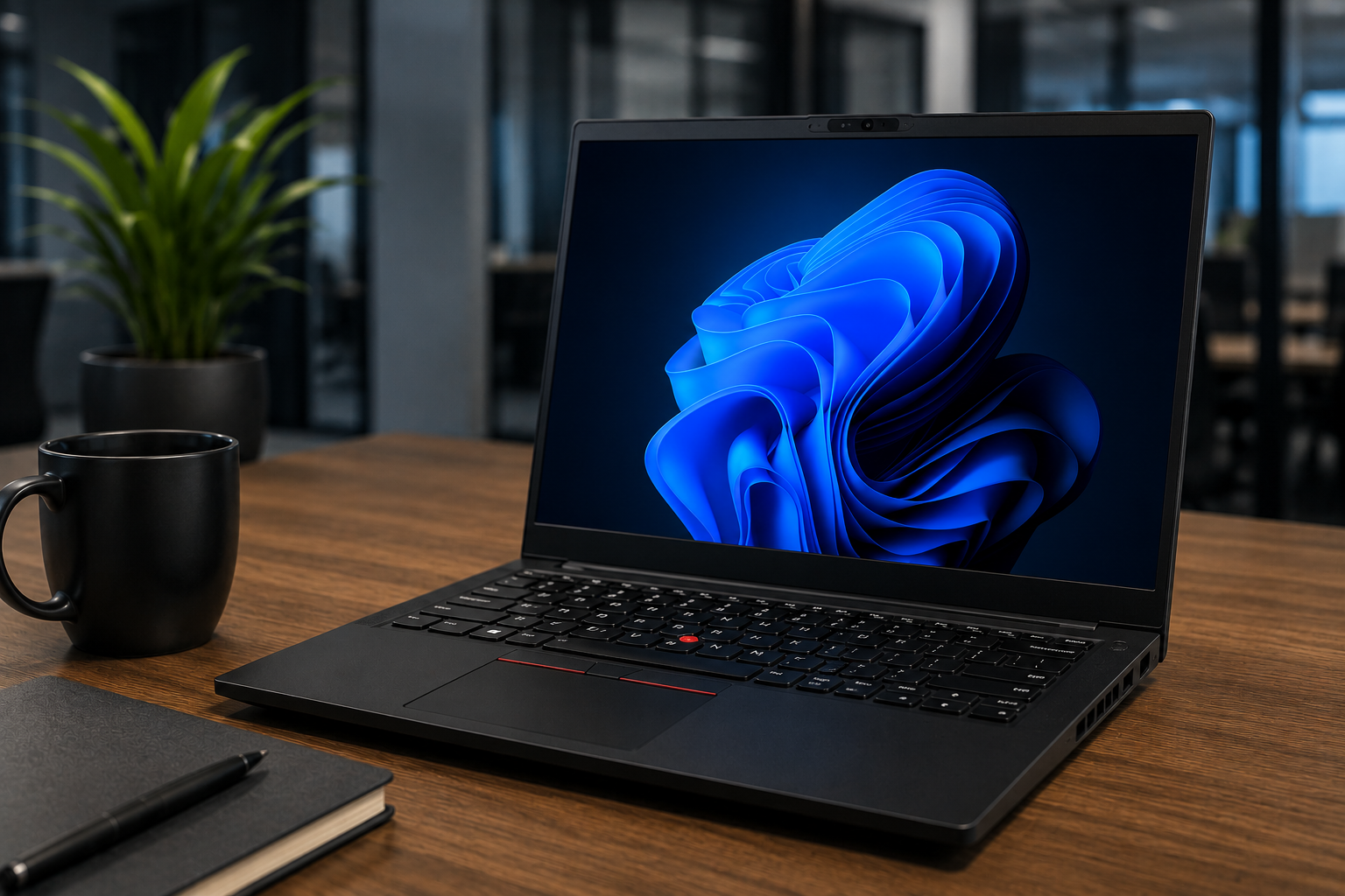 Notebook ThinkPad i5 Lenovo E14 G7 com Intel Core Ultra 5 em ambiente corporativo moderno para trabalho, produtividade e uso profissional