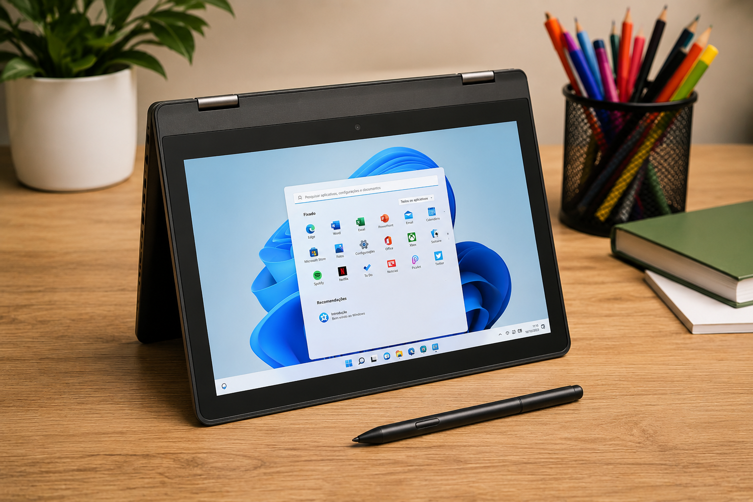 Notebook Ultra é bom para estudar com tela touch, caneta e formato 2 em 1 em mesa de trabalho organizada.