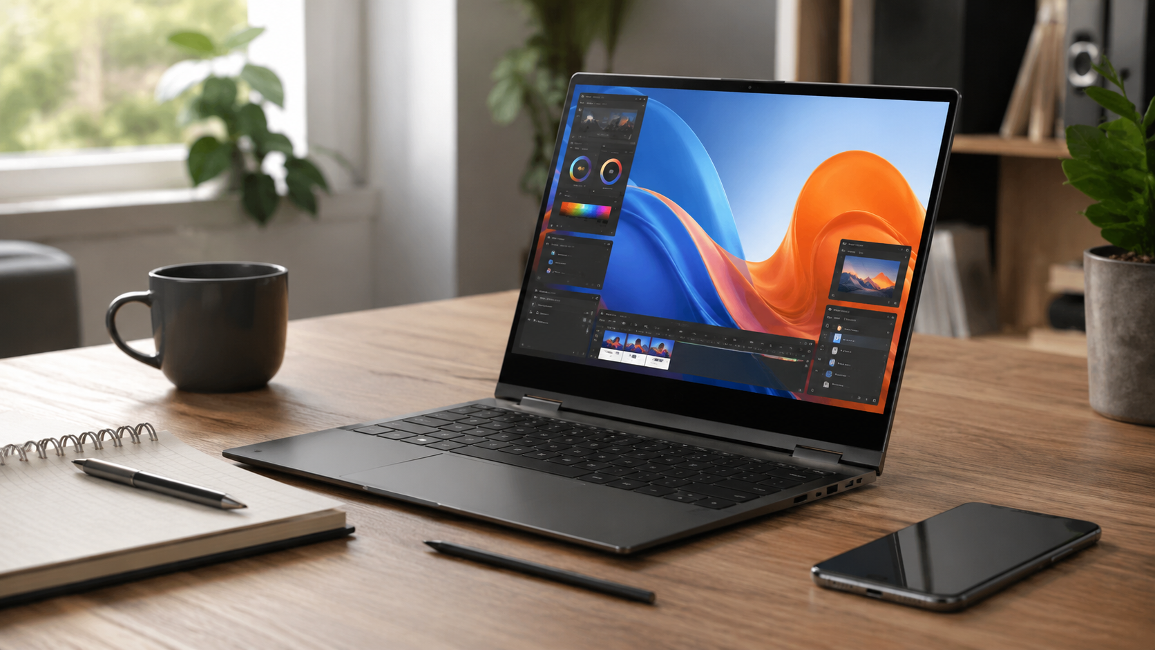 Notebook Samsung Galaxy Book3 360 i5 8GB 256GB aberto sobre mesa de estudo moderna, com tela AMOLED em destaque, caneta touch, celular e acessórios de produtividade ao redor.