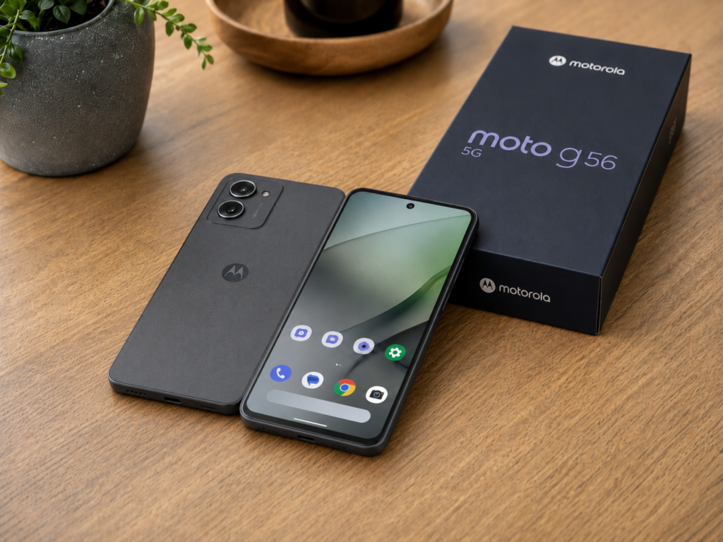 Celular Moto G56 é bom? Modelo 5G grafite com tela ligada, traseira com câmera dupla e caixa do produto sobre uma mesa de madeira.