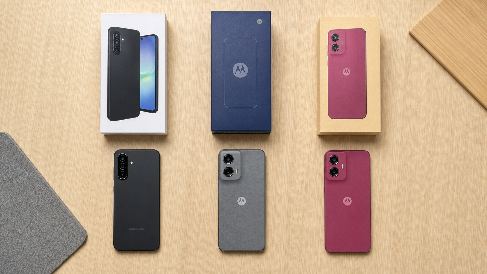 Melhor celular barato com Moto G35 5G, Galaxy A17 5G e Moto G17 posicionados ao lado das respectivas caixas.