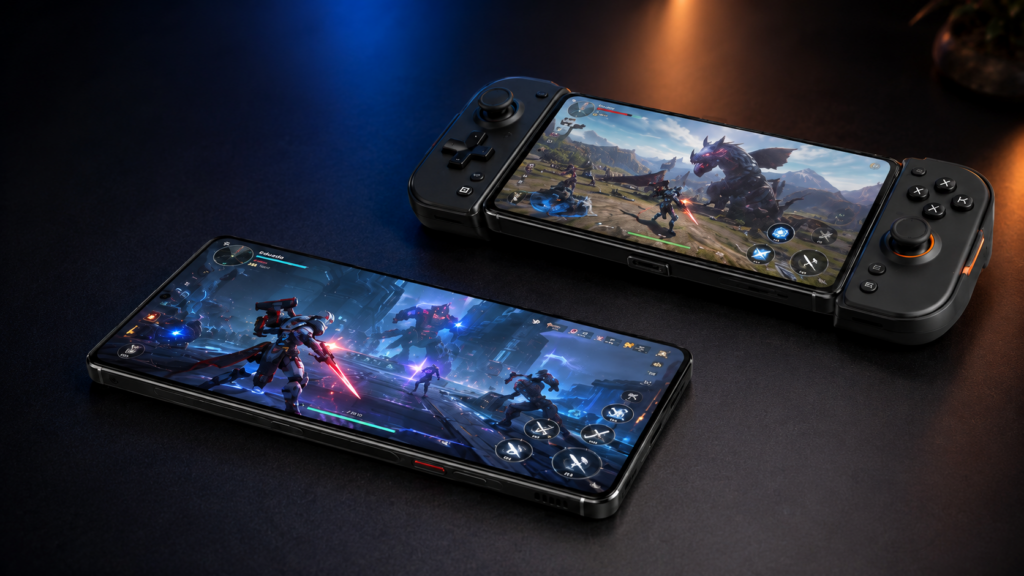 melhor celular para jogos com REDMAGIC 10S Pro e Galaxy S26 Ultra em mesa gamer, exibindo jogos na tela e controle integrado