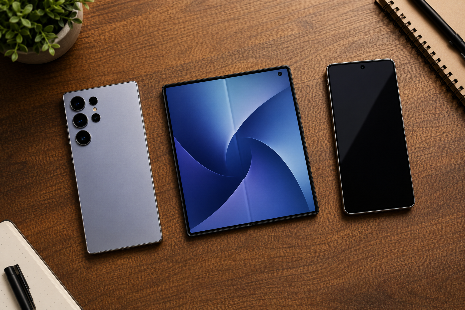 melhor celular Samsung: Galaxy S26 Ultra, Galaxy Z Fold7 aberto com papel de parede azul e Galaxy S25 Ultra sobre mesa de madeira, em fotografia vista de cima