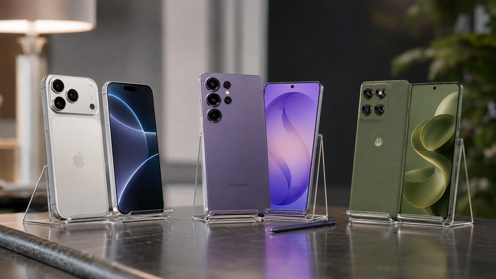 melhor celular top de linha com iPhone 17 Pro Max, Samsung Galaxy S26 Ultra e Motorola Signature em suportes transparentes sobre mesa moderna