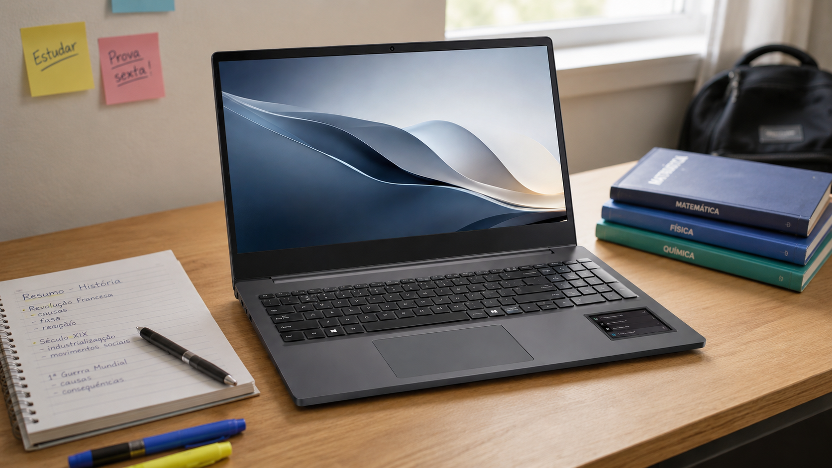 notebook Positivo Vision C15 vale a pena: Positivo Vision C15M cinza aberto sobre mesa de estudos, com tela Full HD IPS, Minitela e tecla Copilot em destaque