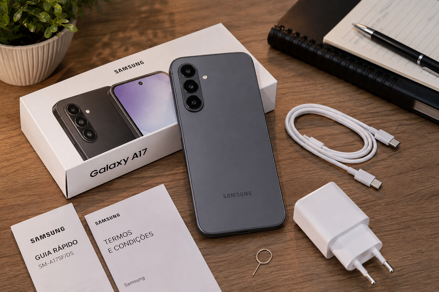Samsung Galaxy A17 é bom com celular cinza sobre mesa de madeira, caixa, carregador, cabo USB-C e acessórios.