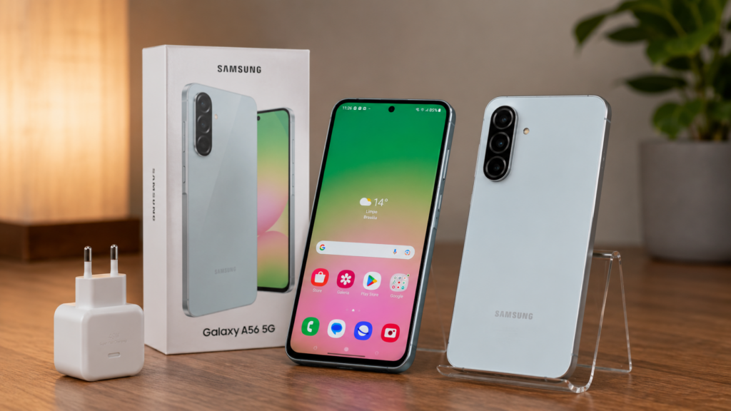Samsung Galaxy A56 5G é bom: celular Samsung Galaxy A56 5G sobre mesa moderna com tela Super AMOLED de 6,7 polegadas em destaque