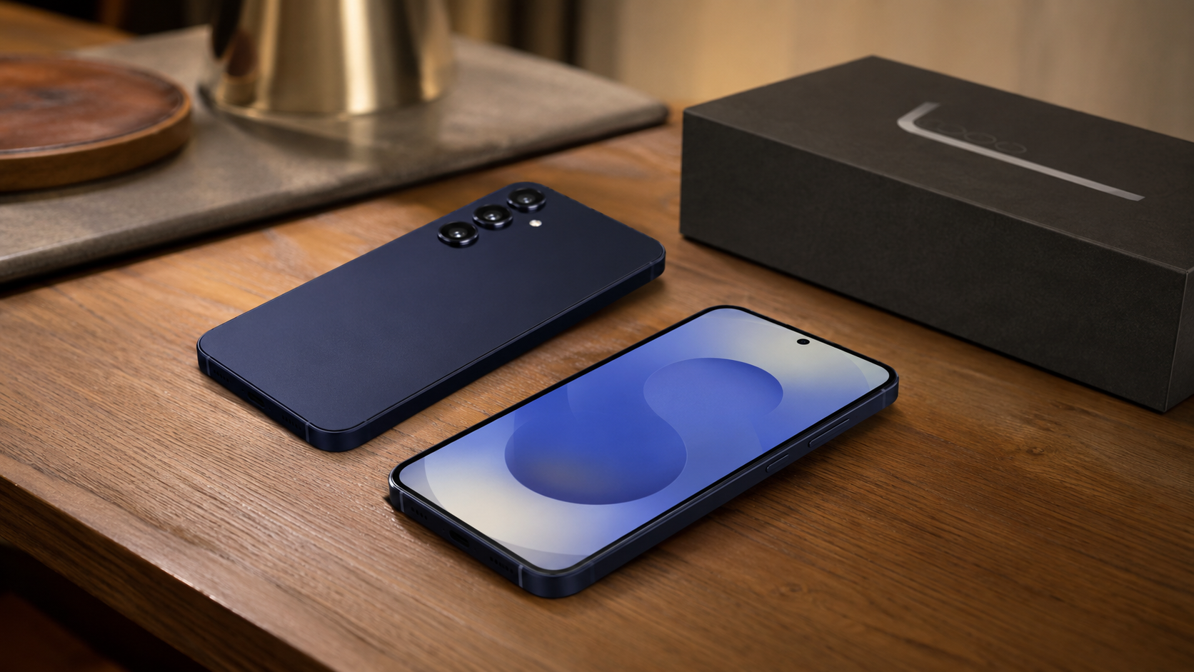 Samsung Galaxy S25 é bom com modelo azul-marinho de 256GB, câmera tripla e tela de 6,2" sobre uma mesa