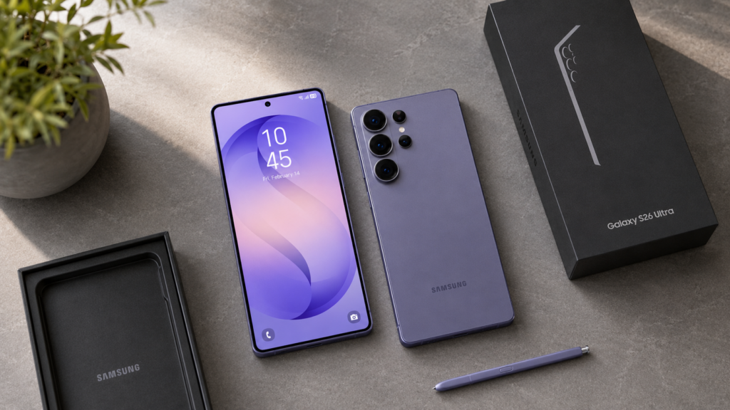 Samsung Galaxy S26 Ultra 5G é bom: smartphones violetas deitados sobre mesa moderna, com tela grande, câmera quádrupla, caixas do produto e S Pen em destaque.